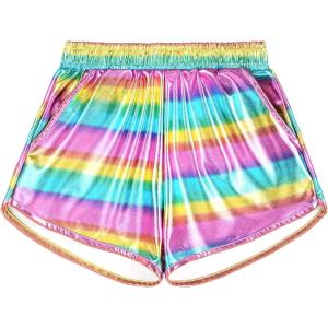 imageKEREDA Girls Metallic Shorts Sparkly Dance Outfits Shiny Costume for GirlsPink Rainbow