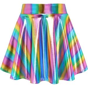 imageKEREDA Girls Metallic Skater Skirts Shiny Flared Holographic SkortRainbow