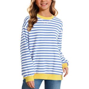 imageKEREDA Girls Sweatshirt Long Sleeve Shirts Loose Pullover Crew Neck Colorblocked Striped Clothes 714 YearsBlue White