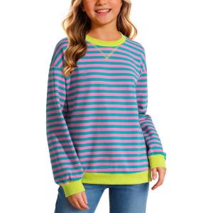 imageKEREDA Girls Sweatshirt Long Sleeve Shirts Loose Pullover Crew Neck Colorblocked Striped Clothes 714 YearsGreen Rose