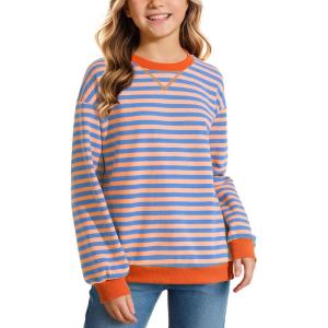 imageKEREDA Girls Sweatshirt Long Sleeve Shirts Loose Pullover Crew Neck Colorblocked Striped Clothes 714 YearsOrange Blue