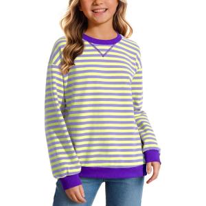 imageKEREDA Girls Sweatshirt Long Sleeve Shirts Loose Pullover Crew Neck Colorblocked Striped Clothes 714 YearsPurple Yellow