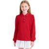 imageKEREDA Girls Uniform Long Sleeve Shirts School Polo Soft Cotton Puffed Sleeve Shirts for Kids with ButtonRed