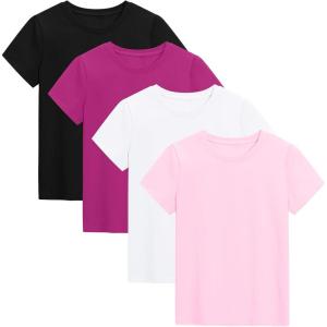 imageKEREDA 4 Pack Girls Short Sleeve Shirts Cotton TShirts Summer Basic Tees Tops Clothes for KidsBlack  Amaranth  Pink  White