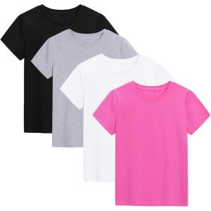 imageKEREDA 4 Pack Girls Short Sleeve Shirts Cotton TShirts Summer Basic Tees Tops Clothes for KidsBlack  Light Gray  Rose Red  White