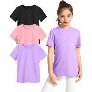 imageKEREDA Girls Athletic Shirts Quick Dry Short Sleeve Crew Neck T Shirts Summer UPF 50 Tee Tops for Teen Girls 3 PackBlack Purple Pink