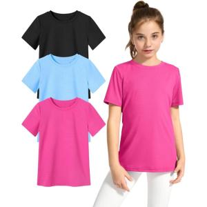 imageKEREDA Girls Athletic Shirts Quick Dry Short Sleeve Crew Neck T Shirts Summer UPF 50 Tee Tops for Teen Girls 3 PackBlack Rosered Blue