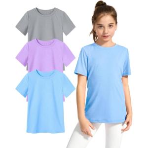 imageKEREDA Girls Athletic Shirts Quick Dry Short Sleeve Crew Neck T Shirts Summer UPF 50 Tee Tops for Teen Girls 3 PackGrey Purple Blue