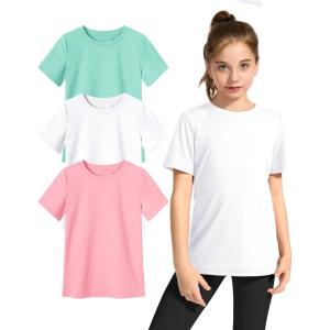 imageKEREDA Girls Athletic Shirts Quick Dry Short Sleeve Crew Neck T Shirts Summer UPF 50 Tee Tops for Teen Girls 3 PackWhite Green Pink