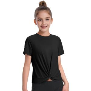 imageKEREDA Girls Athletic Shirts Tie Front Tops Summer Short Sleeve Quick Dry Active Tees TShirts for Kids TeensBlack