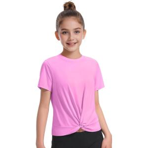 imageKEREDA Girls Athletic Shirts Tie Front Tops Summer Short Sleeve Quick Dry Active Tees TShirts for Kids TeensPink