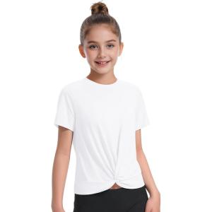 imageKEREDA Girls Athletic Shirts Tie Front Tops Summer Short Sleeve Quick Dry Active Tees TShirts for Kids TeensWhite