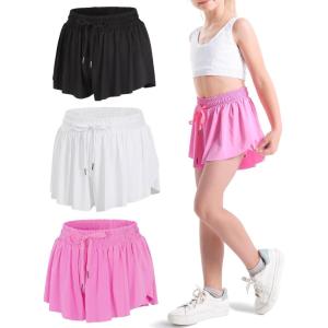 imageKEREDA Girls Flowy ShortsButterfly Shorts for Teen Girls with Spandex Liner 2in1 for RunningGymAthleticWorkout123PackBlackwhitehot Pink