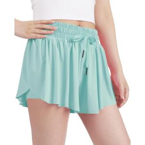 imageKEREDA Girls Flowy ShortsButterfly Shorts for Teen Girls with Spandex Liner 2in1 for RunningGymAthleticWorkout123PackLight Green