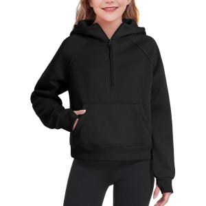 imageKEREDA Girls Half Zip Hoodies Fleece Pullover Sweatshirt Long Sleeve Winter Clothes Thumb HoleBlack