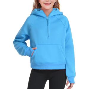 imageKEREDA Girls Half Zip Hoodies Fleece Pullover Sweatshirt Long Sleeve Winter Clothes Thumb HoleBlue