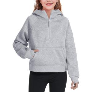 imageKEREDA Girls Half Zip Hoodies Fleece Pullover Sweatshirt Long Sleeve Winter Clothes Thumb HoleGrey