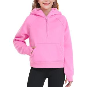 imageKEREDA Girls Half Zip Hoodies Fleece Pullover Sweatshirt Long Sleeve Winter Clothes Thumb HolePink