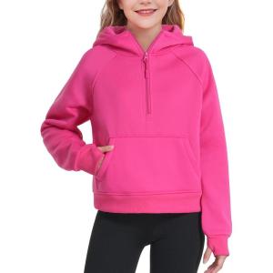 imageKEREDA Girls Half Zip Hoodies Fleece Pullover Sweatshirt Long Sleeve Winter Clothes Thumb HoleRose Red