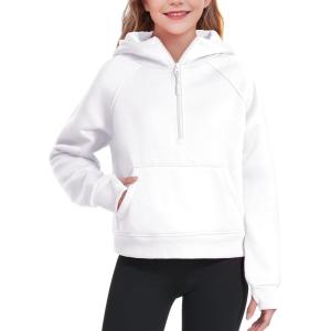imageKEREDA Girls Half Zip Hoodies Fleece Pullover Sweatshirt Long Sleeve Winter Clothes Thumb HoleWhite