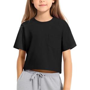 imageKEREDA Girls Short Sleeve Shirts Crop Tops Crewneck Summer Basic Tees for Kids with PocketBlack