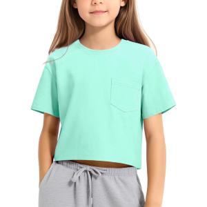 imageKEREDA Girls Short Sleeve Shirts Crop Tops Crewneck Summer Basic Tees for Kids with PocketGreen