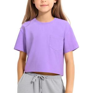 imageKEREDA Girls Short Sleeve Shirts Crop Tops Crewneck Summer Basic Tees for Kids with PocketPurple