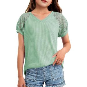 imageKEREDA Girls Short Sleeve Shirts Summer Lace V Neck Tops Casual Tees BlouseGreen
