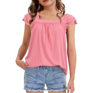 imageKEREDA Girls Short Sleeve Shirts Summer Tunic Tops Lace Openwork Ruffled Girls Cute Square Neck Clothes Blouse 514 YearsPink