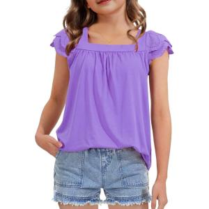 imageKEREDA Girls Short Sleeve Shirts Summer Tunic Tops Lace Openwork Ruffled Girls Cute Square Neck Clothes Blouse 514 YearsPurple