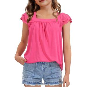 imageKEREDA Girls Short Sleeve Shirts Summer Tunic Tops Lace Openwork Ruffled Girls Cute Square Neck Clothes Blouse 514 YearsRose Red