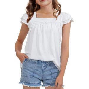 imageKEREDA Girls Short Sleeve Shirts Summer Tunic Tops Lace Openwork Ruffled Girls Cute Square Neck Clothes Blouse 514 YearsWhite