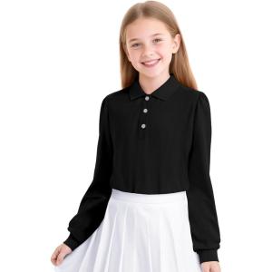 imageKEREDA Girls Uniform Long Sleeve Shirts School Polo Soft Cotton Puffed Sleeve Shirts for Kids with ButtonBlack