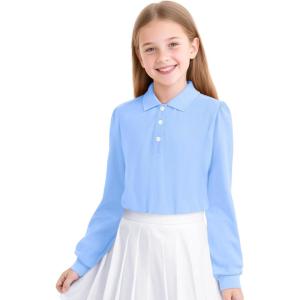 imageKEREDA Girls Uniform Long Sleeve Shirts School Polo Soft Cotton Puffed Sleeve Shirts for Kids with ButtonBlue