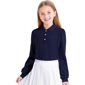imageKEREDA Girls Uniform Long Sleeve Shirts School Polo Soft Cotton Puffed Sleeve Shirts for Kids with ButtonNavy
