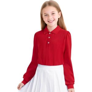 imageKEREDA Girls Uniform Long Sleeve Shirts School Polo Soft Cotton Puffed Sleeve Shirts for Kids with ButtonRed