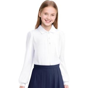 imageKEREDA Girls Uniform Long Sleeve Shirts School Polo Soft Cotton Puffed Sleeve Shirts for Kids with ButtonWhite