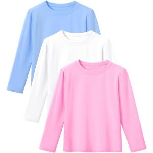 imageKEREDA 3 Pack Girls Long Sleeve Shirts Cotton TShirts Kids Crewneck Basic Plain Tees Tops for Teen GirlsBluewhitepink