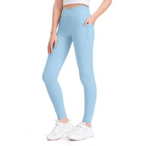 imageKEREDA Girls Athletic Leggings V Cross Yoga Pants Teen Girls with Pocket for WorkoutGymRunningDanceBlue