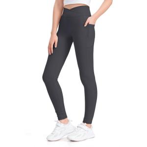 imageKEREDA Girls Athletic Leggings V Cross Yoga Pants Teen Girls with Pocket for WorkoutGymRunningDanceDeep Grey