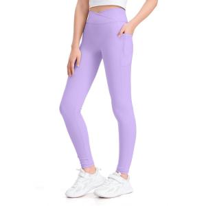 imageKEREDA Girls Athletic Leggings V Cross Yoga Pants Teen Girls with Pocket for WorkoutGymRunningDanceLight Purple
