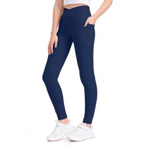 imageKEREDA Girls Athletic Leggings V Cross Yoga Pants Teen Girls with Pocket for WorkoutGymRunningDanceNavy