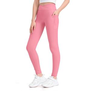imageKEREDA Girls Athletic Leggings V Cross Yoga Pants Teen Girls with Pocket for WorkoutGymRunningDancePink