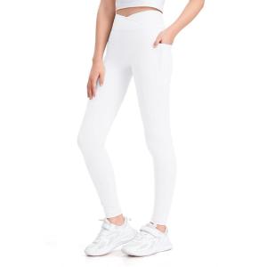 imageKEREDA Girls Athletic Leggings V Cross Yoga Pants Teen Girls with Pocket for WorkoutGymRunningDanceWhite