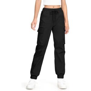 imageKEREDA Girls Cargo Pants Jogger Elastic Waist Drawstring with Pockets Uniform Pants Clothes for Teen GirlsBlack