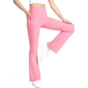 imageKEREDA Girls Flare Leggings High Waist Cross Bell Bottoms for Girls Yoga Dance Pants with Pockets Size 714 YearsPeach Pink