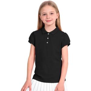 image:imageKEREDA Shool Uniform Shirts for Girls Cotton Polo Shirts Puff Sleeve with Button for Kids Golf Tennis TopsBlack
